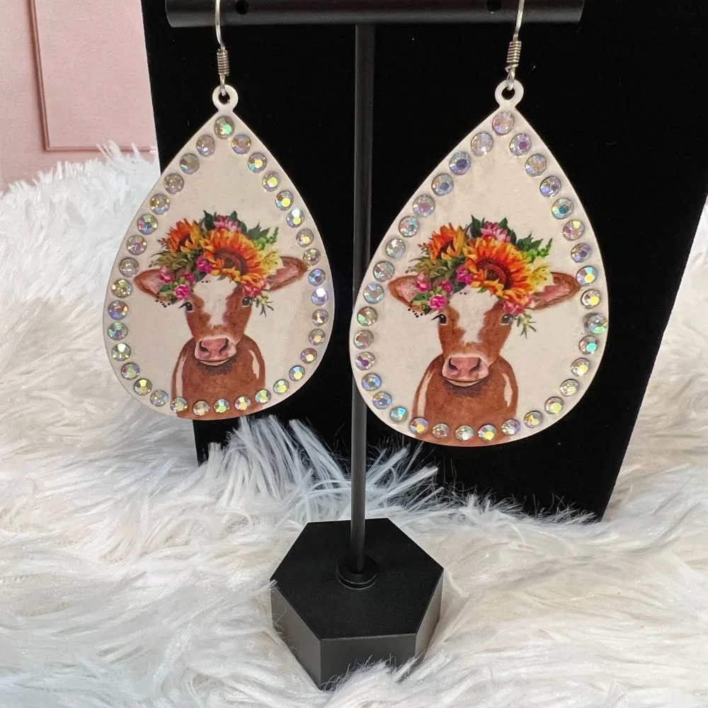 Women’s Sunflower Crown Cow Crystal Teardrop Earrings - Picture 2 of 2